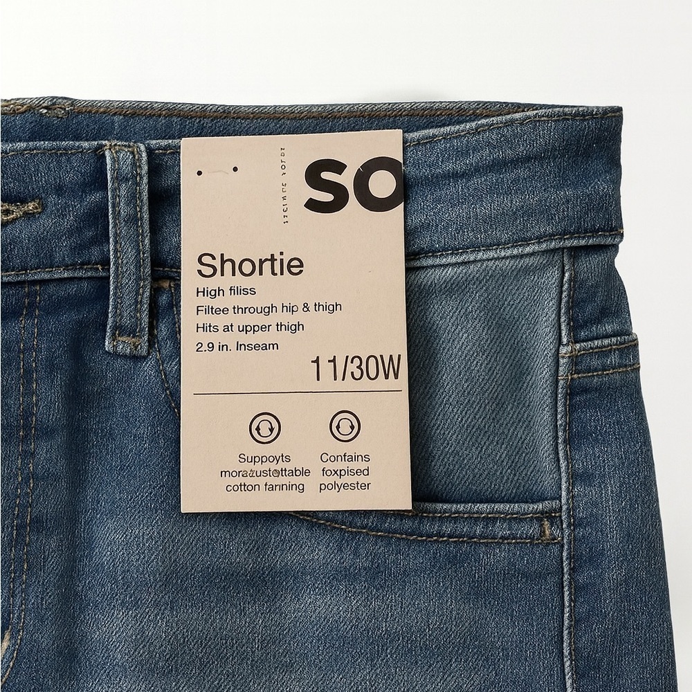 Junior’s SO patchwork high rise shortie shorts. Size 11 - 30” waist, 2.5" Inseam - Picture 3 of 3